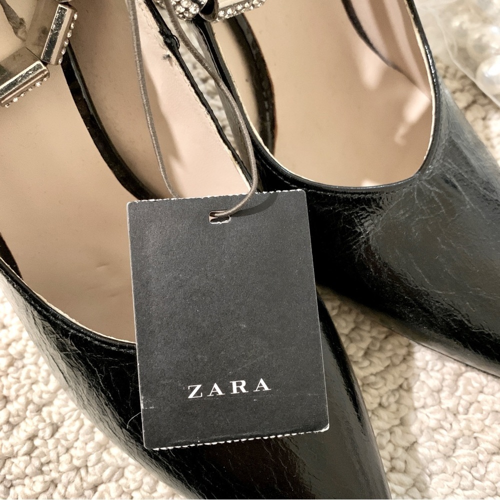 💎 ZARA Black Leather Court Shoes Beaded Ankle Strap Heels - Picture 13 of 13